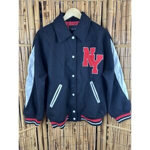 NEW LOOK Varsity Jacket 'NY' Chest Patch Red Wht Blk Preppy Medium NWT